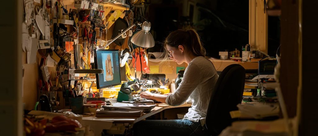 Une femme concentrée travaille à son bureau encombré d'outils et de matériaux, éclairé par une lampe, tout en créant une image sur son ordinateur