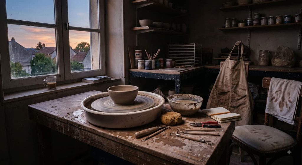 Atelier de poterie avec un tour, un bol en cours de façonnage, des outils en désordre sur une table en bois