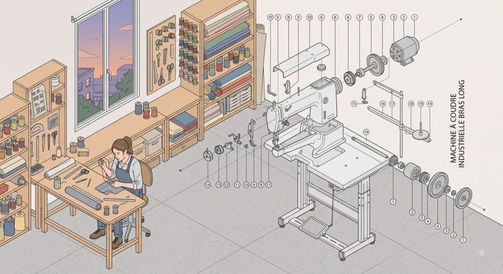 Vue éclatée d'une machine à coudre industrielle dans un atelier lumineux, avec des pièces numérotées, outils colorés et matériaux variés
