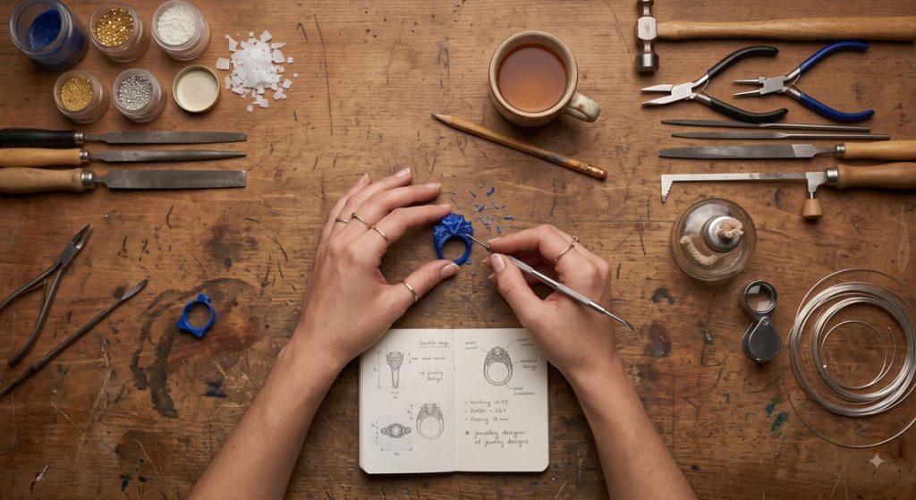 Un plan de travail en bois montre des outils de bijouterie, un carnet ouvert avec des croquis et une tasse de café, éclairage uniforme