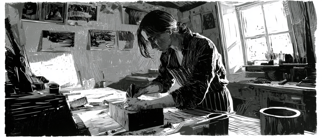 Une artiste travaille sur un projet créatif dans un atelier lumineux, entourée de matériaux variés et de croquis