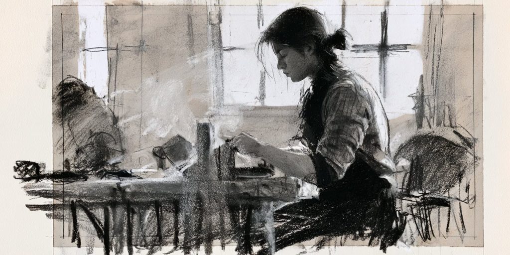 Une femme concentrée, assise à une table dans un atelier lumineux, esquisse des traits au fusain sur un papier apparent