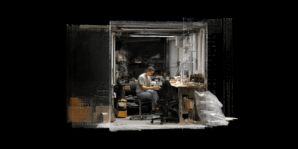 Un artisan concentré, assis à une table dans un atelier encombré, rendu en nuage de points avec des zones manquantes et une géométrie trouée sur fond noir