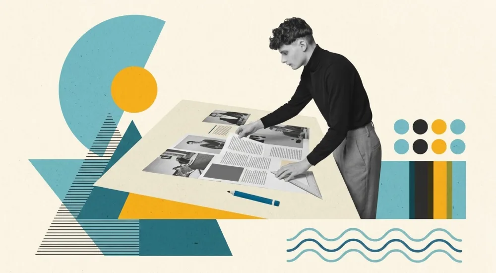 Un designer éditorial travaille sur une maquette de magazine sur une grande table, réorganisant des éléments graphiques et textuels avec un crayon bleu Un designer éditorial ajuste une maquette de magazine sur une grande table, réorganisant des éléments graphiques avec un crayon bleu et une règle