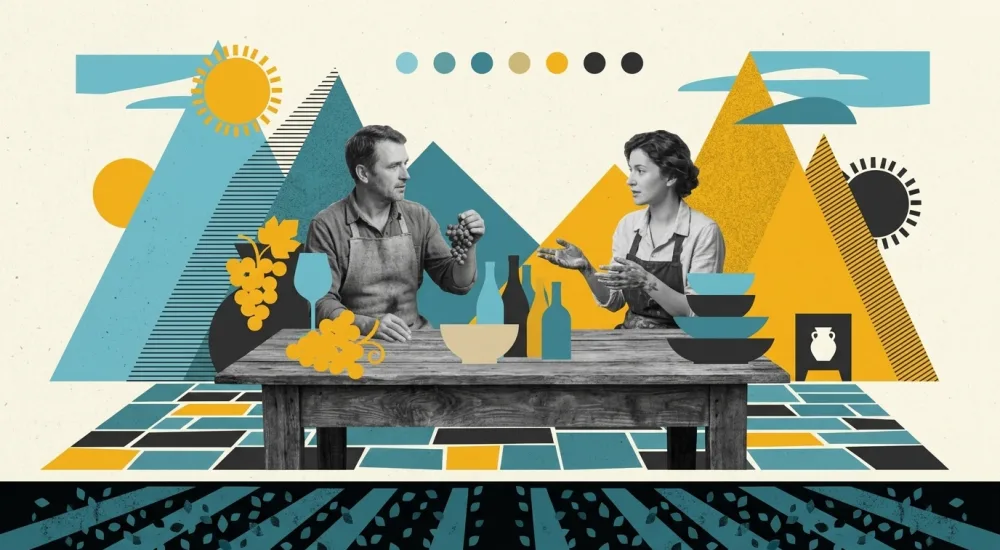 Un vigneron et une céramiste échangent autour de produits artisanaux sur une table en bois, avec des vignes en arrière-plan et des motifs graphiques Un vigneron et une céramiste discutent de leurs produits artisanaux sur une table en bois, avec des motifs graphiques et des vignes en arrière-plan