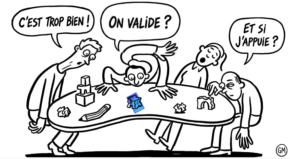 « C'est joli, on prend » 1 7 septembre 2026 Quatre personnages autour d'une table, exprimant des émotions variées, avec des objets créatifs comme des blocs et du papier froissé