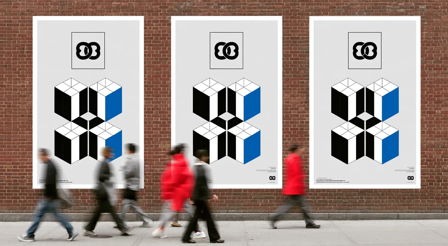 Trois panneaux muraux alignés présentent une affiche graphique avec un logo en haut à gauche, entouré d'aplats colorés et de motifs géométriques Des affiches graphiques en noir, blanc et bleu, représentant des cubes stylisés, sont accrochées sur un mur de briques, tandis que des passants déambulent